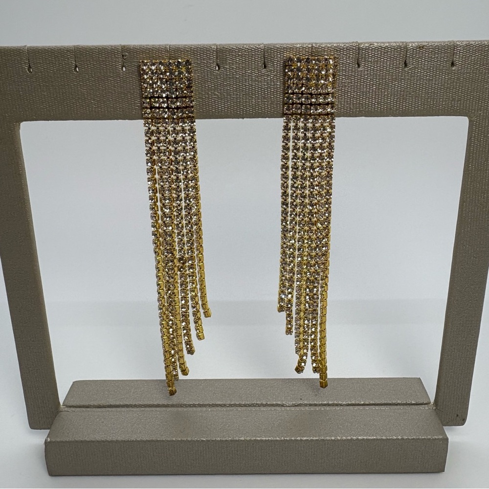 Long Clear Crystal Rhinestone Dangle Fringe Gold Tone Earrings
